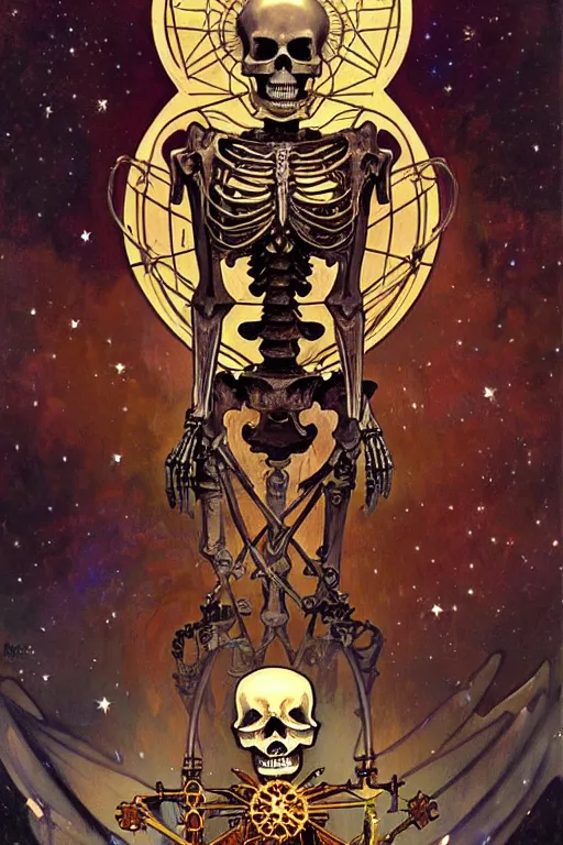 Prompt: a steampunk skeleton holding a star, tarot art, painting by greg rutkowski, alphonse mucha