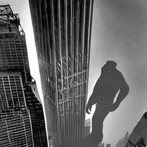 Prompt: king kong climbing the world trade center, award winning photograph