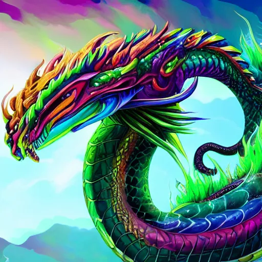 Image similar to serpent dragon made of rainbow and splashes of colors, artstation