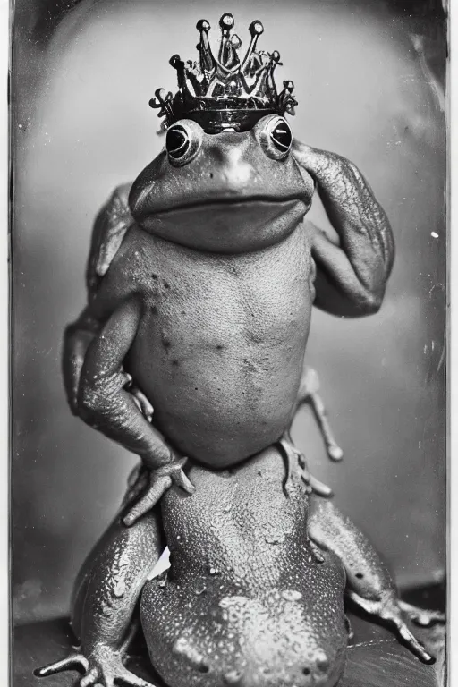 Prompt: a wet plate photo of an anthropomorphic frog king