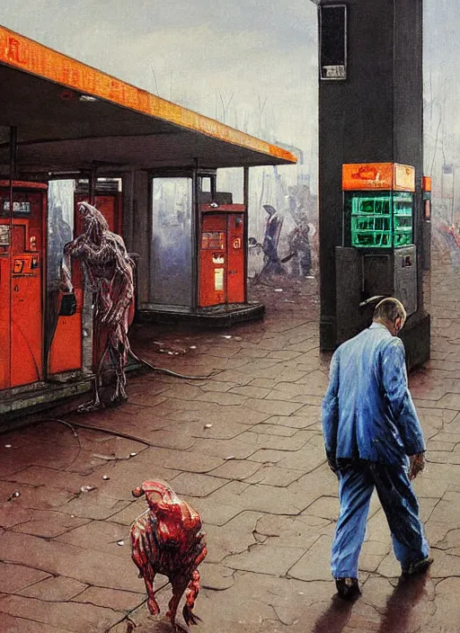 Image similar to a dariusz zawadzki painting of a creature covered in tripophobic holes walking towards a man at a gas station, full view, concept art, extremely high details, francis bacon, norman rockwell, hyper realistic high quality scene of the end of the world by francis bacon and edward hopper, horror art, scene from godfather