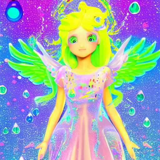 Image similar to angel in disguise, slimy slime drenched skinny divine holy androgynous being of glitter glue, pastel cute slime, 3 d polygon ui of neon ornamental rococo frames, maximalist decora sanrio pixiv pixar concept art