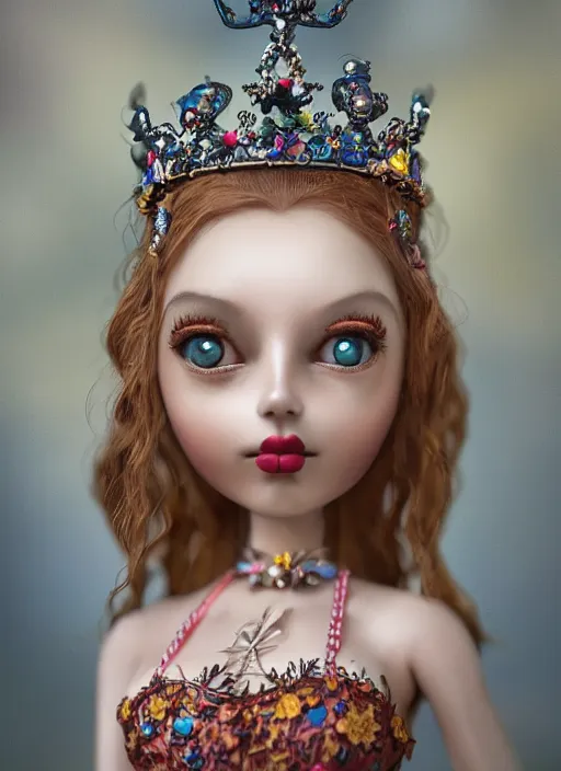 Image similar to closeup profile portrait of tin toy goth fairytale princess wearing a crown, bikini, depth of field, zeiss lens, detailed, symmetrical, centered, fashion photoshoot, by nicoletta ceccoli, mark ryden, lostfish, breathtaking, 8 k resolution, extremely detailed, beautiful, establishing shot, artistic, hyperrealistic, octane render