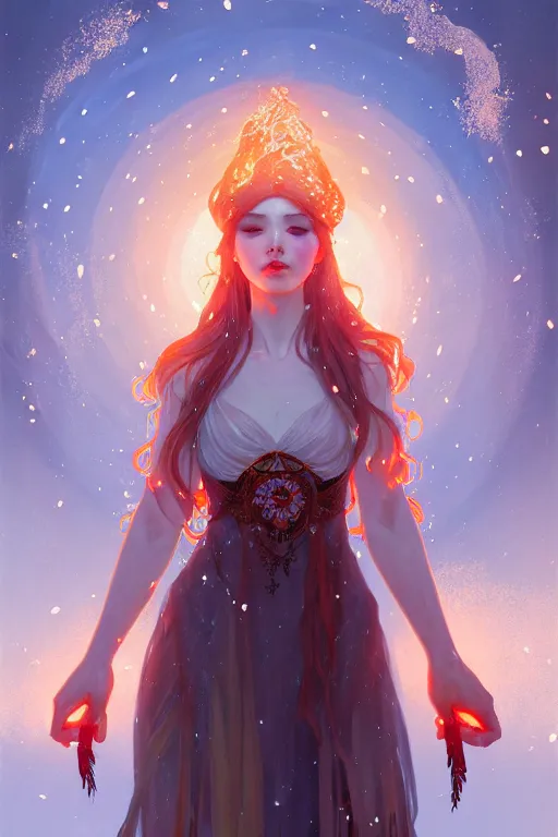 Image similar to beautiful ancient frost witch, fire i eye, snow glow, pool party, highly detailed, digital painting, artstation, sharp focus, illustration, art by tan zi and ayanamikodon and alphonse mucha and wlop