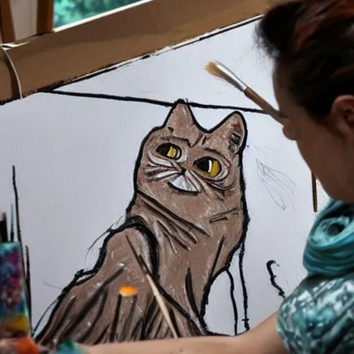 Prompt: A crying painter screams at a canvas, on the canvas is a simple stick figure drawing of a cat