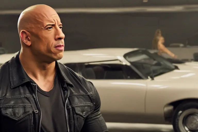 Image similar to vin diesel as dwayne johnson flexing and yelling let's go!, fast furious, low perspective, isometric perspective, cinematic still, movie still, long lens, shallow depth of field, bokeh, anamorphic lens flare, 8 k, hyper detailed, 3 5 mm film grain