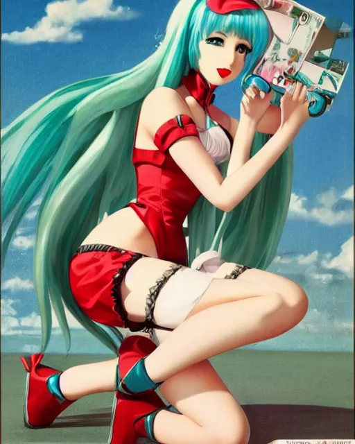 Image similar to Hatsune Miku full body pin up modeling in idol unioform, with a park in the back ground, post war style, detailed face, american postcard art style, by Gil Elvgren and Julie Bell