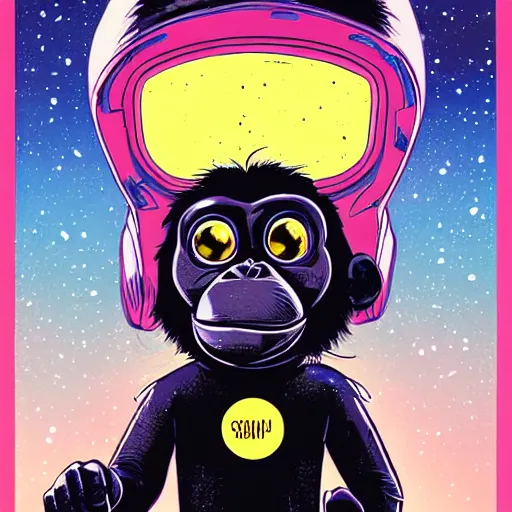 Image similar to portrait of a straight forward looking Chimpanzee in black spacesuit with golden elements, by Skottie Young and WLOP