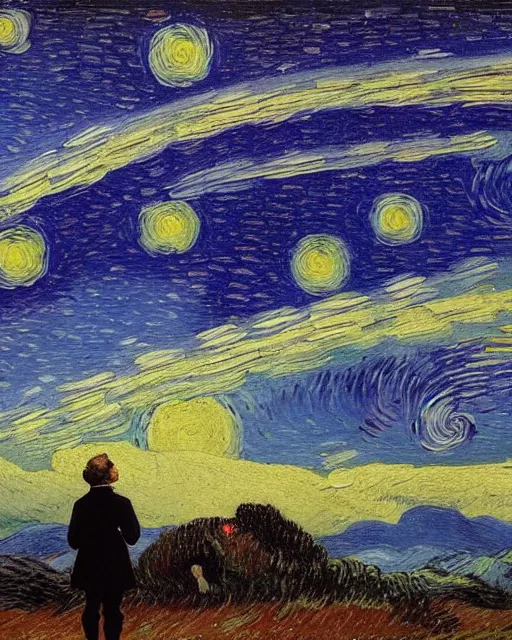 Image similar to a person looking at the night sky with stars, colorful, beautiful, national geographic, very detailed, astrophotography, oil painting, canvas, Vincent van Gogh, Caspar David Friedrich, Theodor Kittelsen, Albert Bierstadt