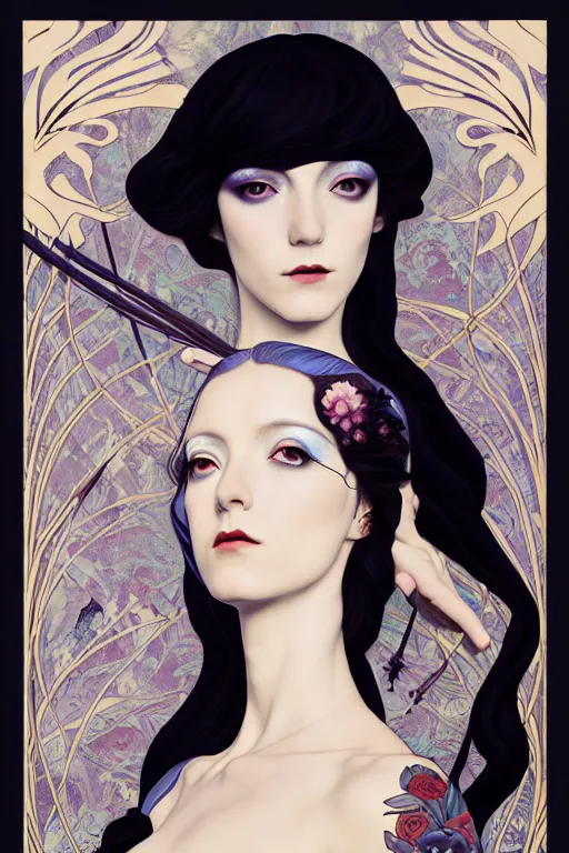 Image similar to a triad of winter muses, style blending æon flux, shepard fairey, botticelli, ivan bilibin, and john singer sargent, inspired by pre - raphaelites, shoujo manga, and harajuku fashion, stark landscape, muted dark colors, superfine inklines, ethereal, otherworldly, 4 k photorealistic, arnold render