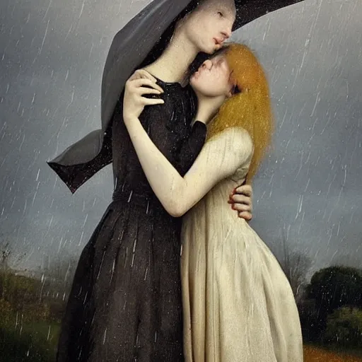 Prompt: experimental, decorative by romina ressia, by gerard ter borch 1 9 9 0 s disney. a beatiful land art of a man & woman embracing in the rain.