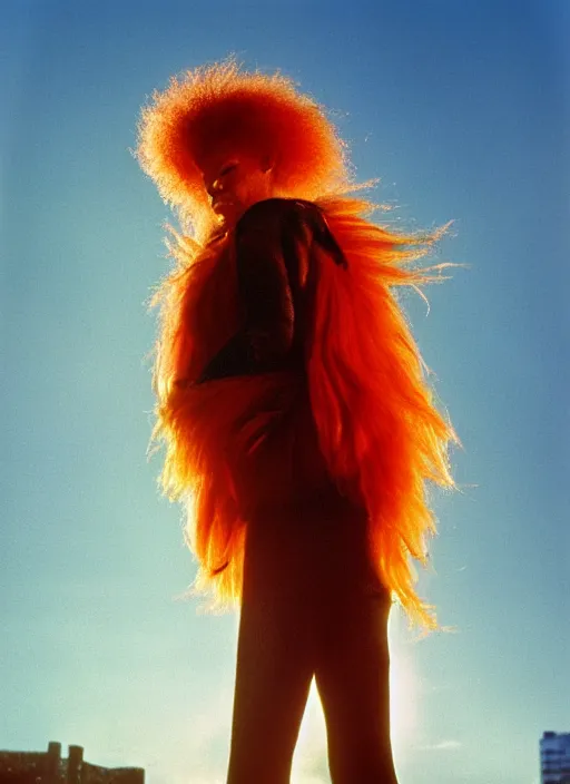 Prompt: photograph of carrot top, shot by helmut newton, nikon 3 5 mm, ektachrome film, golden hour, serious, dramatic