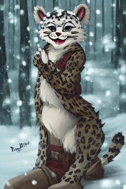 Image similar to a pretty medieval anthropomorphic snow leopard with a fluffy tail in the forest, comic art, trending on furaffinity, cartoon, kawaii, backlighting, furry art!!!, radiant light, bokeh, trending on artstation, digital art