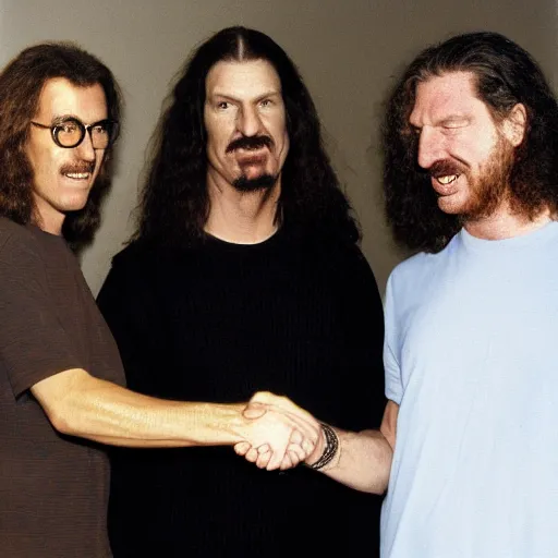 Prompt: weird al yancovic and aphex twin shake hands in a meeting