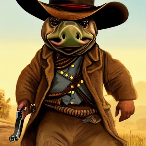 Image similar to cute little anthropomorphic tortoise in Red Dead Redemption 2 (2018 videogame) cover art, ultra wide lens shot , tiny, swine, hug, small, short, cute and adorable, pretty, beautiful, DnD character art portrait, matte fantasy painting, DeviantArt Artstation, by Jason Felix by Steve Argyle by Tyler Jacobson by Peter Mohrbacher, cinematic lighting