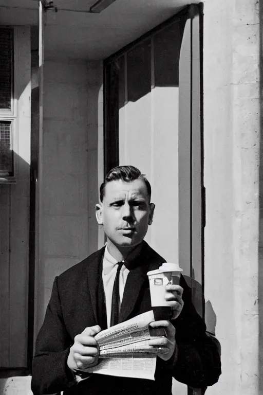 Image similar to a 1 9 5 0 s detective standing outside his office with a coffee and a newspaper in his hand. sunrise.
