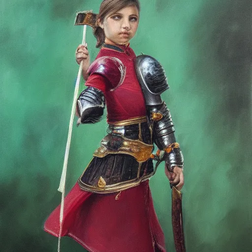 Image similar to oil painting of a jade sword hanging from the belt of a girl knight, hyperrealistic painting, deviantart, baroqe