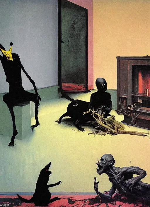 Prompt: two dark figures laughing and a black dog inside a decayed contemporary living room with large oxygen tank in the style of Francis Bacon and Zdzislaw Beksinski, Edward Hopper and Norman Rockwell, highly detailed, very coherent, triadic color scheme