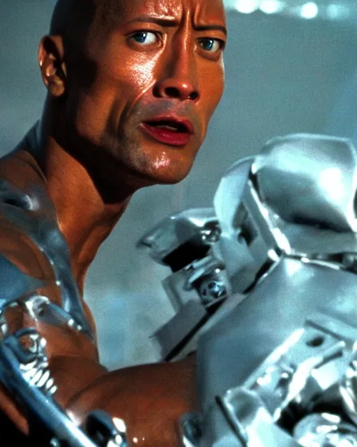 Image similar to Film still close-up shot of Dwayne Johnson as the T-1000 from the movie Terminator 2. Photographic, photography