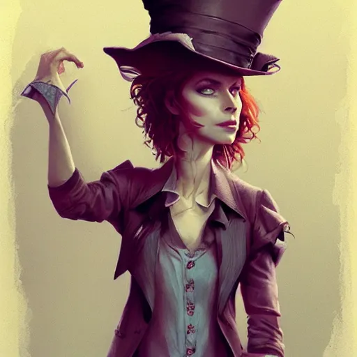 Image similar to realistic, full body portrait, alt female, mad hatter, style of by Jordan Grimmer and greg rutkowski, crisp lines and color,