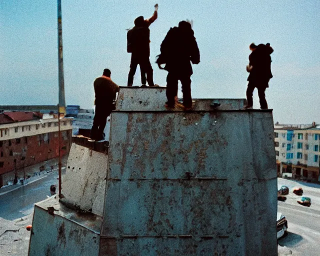 Image similar to lomo photo of roofjumpers climbing on roof of soviet hrushevka, small town, cinestill, bokeh, out of focus