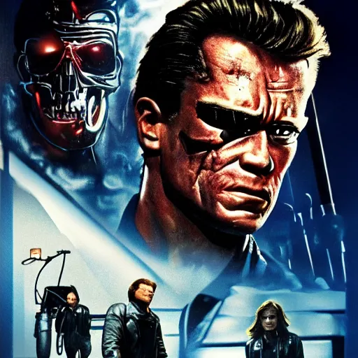 Prompt: Terminator with a mullet documentary style detailed high res poster