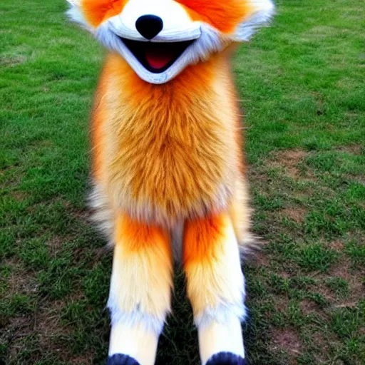 Prompt: extremely fluffy fox fursuit, cute, photo