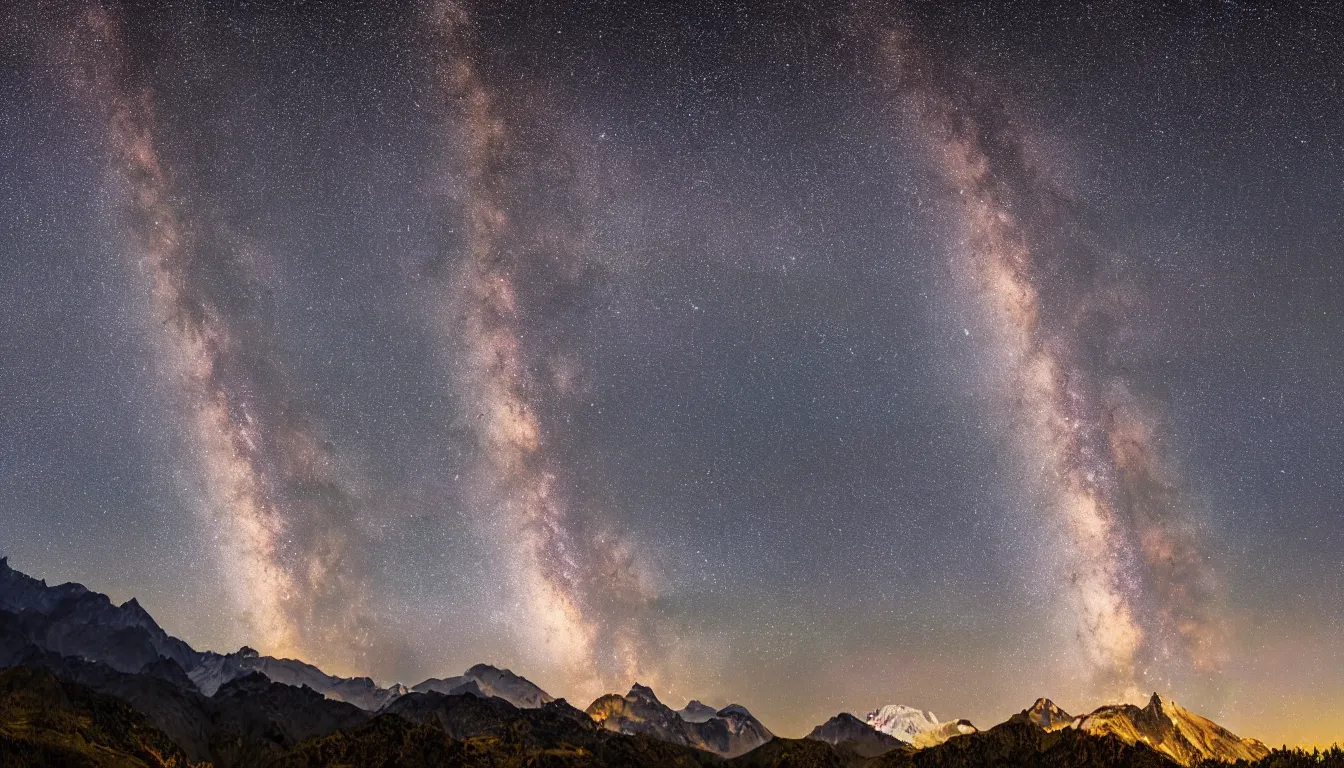 Image similar to night view of milky way behind mountains, 8k photography