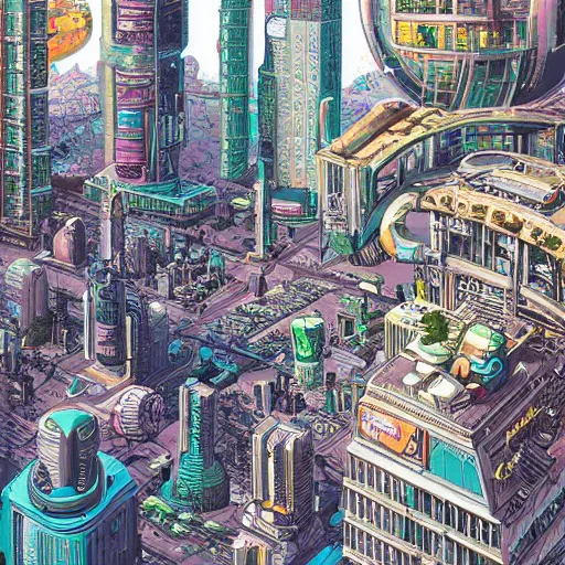 Prompt: highly detailed illustration of a sci fi city, juxtapoz magazine