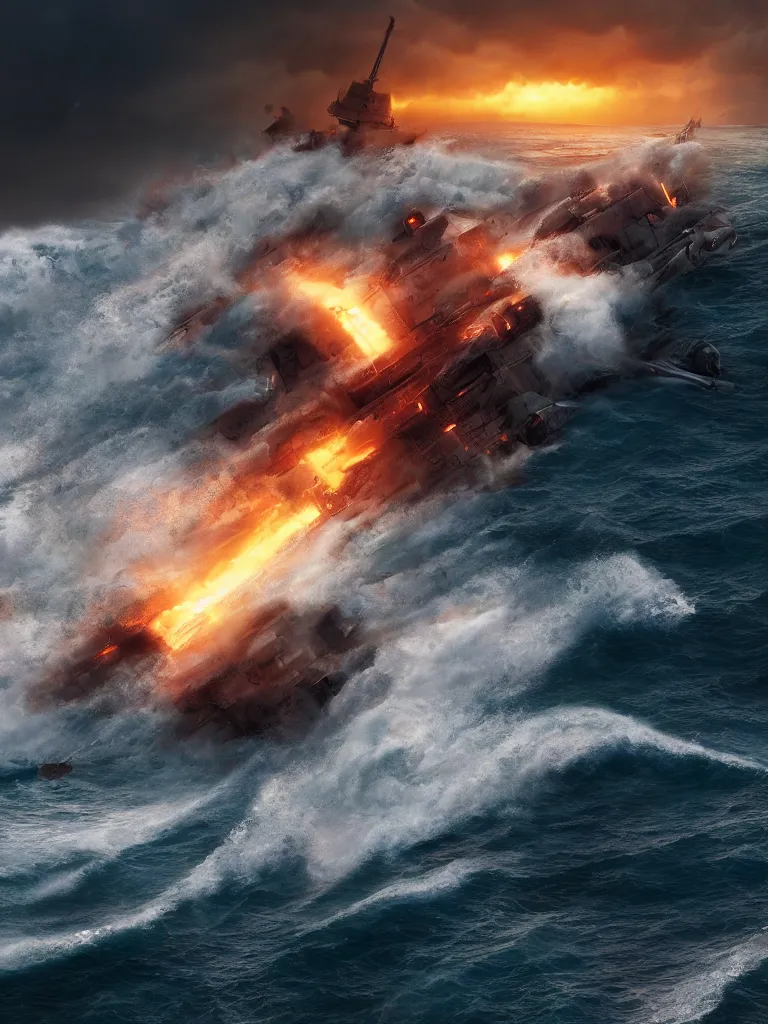 Image similar to breaking apart crashing damaged and on fire mecha battleship sailing alone on a stormy sea at sunset,large waves, explosions, battletech, octane render , aerial photo, cinematic