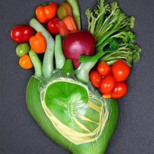 Prompt: anatomical heart made out of vegetables, realistic, very detailed,