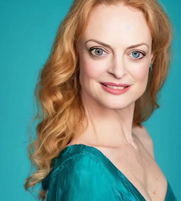 Prompt: beautiful portrait photo of Heather Graham, slight smile, 85mm, teal studio backdrop