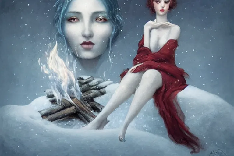 Image similar to a beautiful woman made out of snow and ice sitting by a campfire and slowly melting, by monia merlot and tom bagshaw