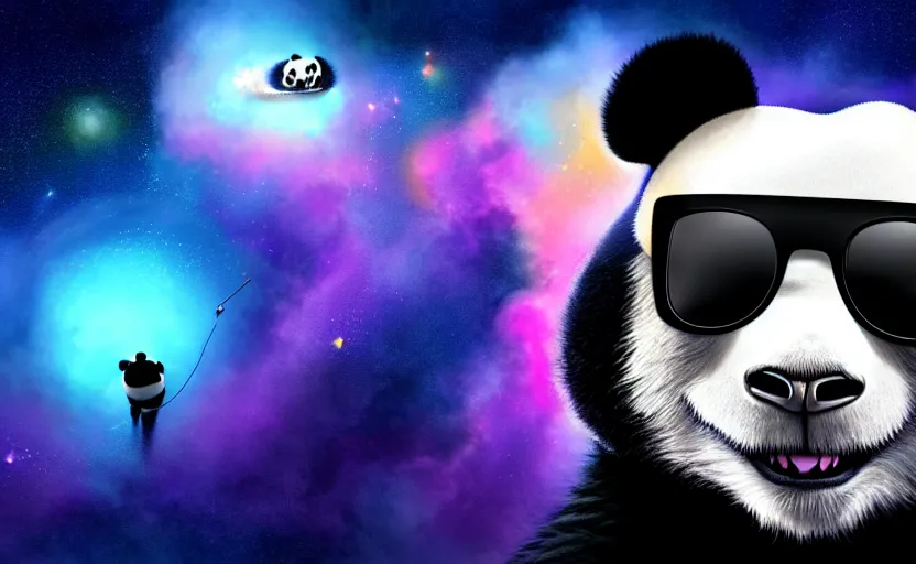 Prompt: anthropomorphic panda wearing sunglasses and a rolex floating in a nebula in space, distant vibrant magical lights, volumetric lighting, puffy clouds, digital art, concept art, hyperdetailed, film by denis villeneuve, style of denis villeneuve