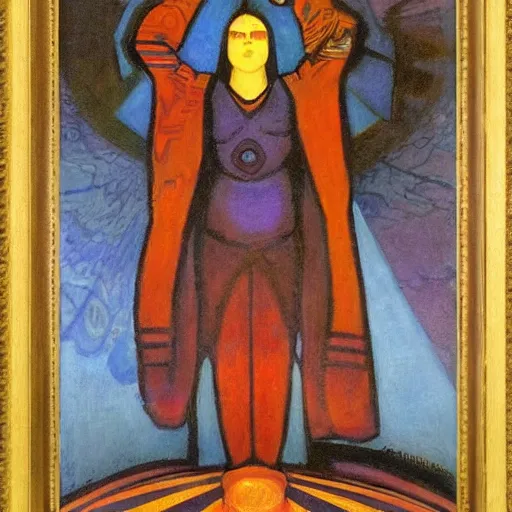 Image similar to the shaman of the subway, an art deco painting by annie swynnerton and leo and diane dillon and diego rivera and nicholas roerich, dramatic lighting, god rays, smooth, sharp focus, highly detailed