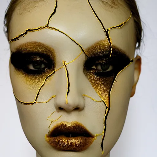 Image similar to fashion model face with cracked porcelain skin lines filled with gold in the kintsugi style, highly detailed