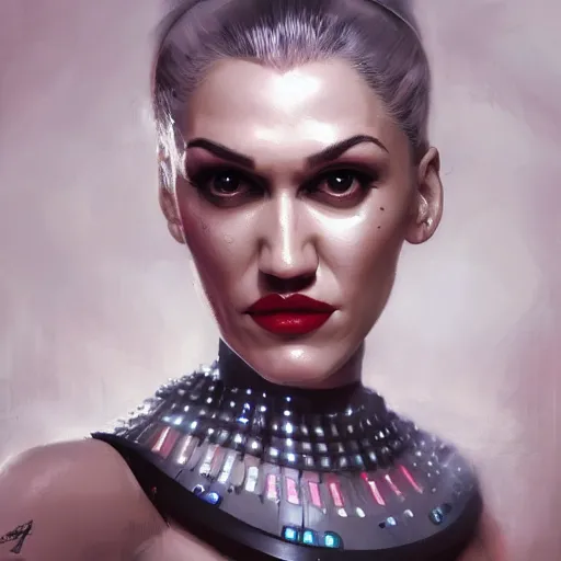 Image similar to portrait of gwen stefani with cybernetic face alterations by greg rutkowski, young, manly, attractive, strong, older brother vibes, highly detailed portrait, scifi, digital painting, artstation, concept art, smooth, sharp focus ilustration, artstation hq