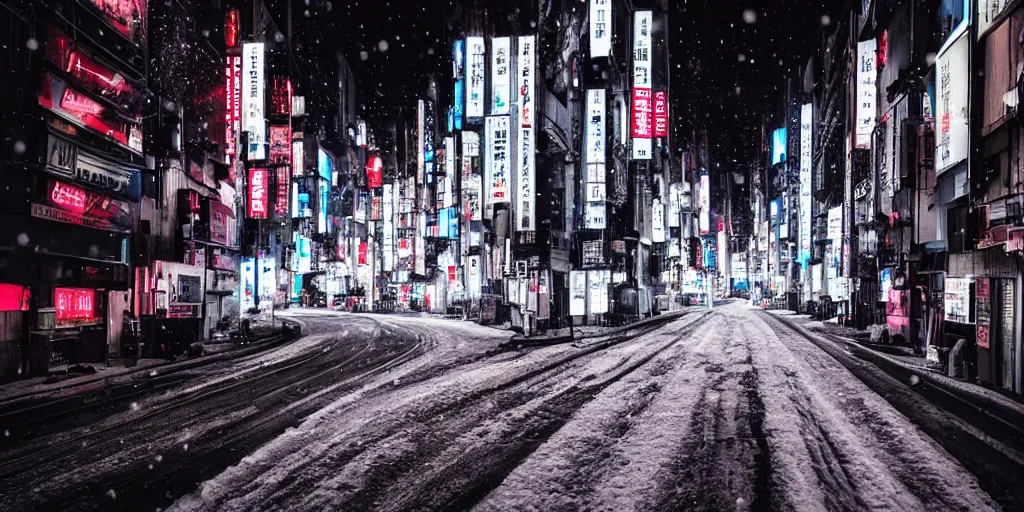 Image similar to a city street at night, snowing, photograph, cyberpunk, sharp focus, intricate detail, drone shot, high resolution, 8k, neon streetlights, wires hanging down everywhere, Japan,