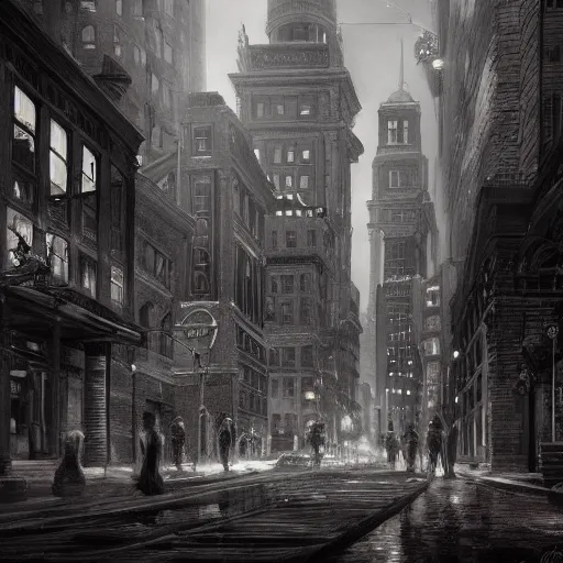 Image similar to downtown boston in 1 9 2 5, dark, spooky, atmospheric lighting, intricate, ultra detailed, well composed, best on artstation, cgsociety, epic, stunning, gorgeous, intricate detail, wow, masterpiece