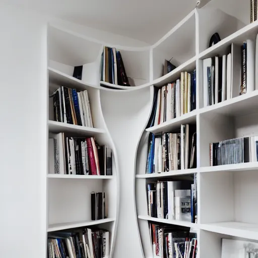 Image similar to photo of white bookshelf shaped like a spiral on white background