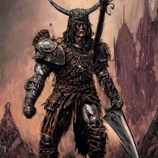 Image similar to a photorealistic painting of Conan the slayer , in a horned helmet and ironpunk death metal armor, wielding an axe, extremely muscular male fantasy hero, extremely detailed, mixed media style comic book artwork, artstation, medieval fantasy art, sharp focus, perfectly symmetrical facial features, melancholy lighting, art by Barry Windsor-Smith and Bill Sienkiewicz , hyperrealism, golden ratio, hyperdetailed, heavily detailed and intricate