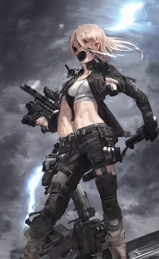 Prompt: highly detailed, high resolution, character design art, stunning, volumetric lightning, realistic guns, girls frontline style, matte, sharp focus, 130mm, illustration, artstation, by yusuke kozaki, realistic human anatomy, simple design, realistic military gear, metal gear style, videogame inspired, realistic faces, ballistic pads