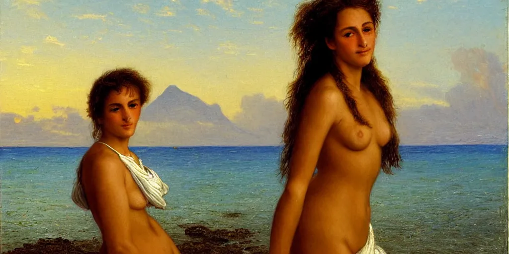 Image similar to portrait of French female model Myrtille Revemont on the beach in Moorea, ((on a breezy afternoon)), at the sunset, very detailed, smooth, art by William Buguereau