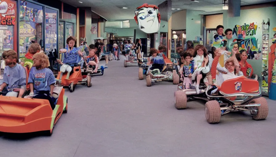 Image similar to 1990s photo of inside the Boring News Grown up errands ride at Universal Studios in Orlando, Florida, children riding on tiny ice cream truck go-carts through a fake corporate office , slime monster, flying soccer balls, business men, cinematic, UHD