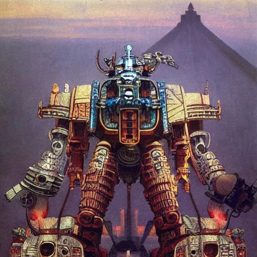 Image similar to giant mayan mecha with flaming eyes standing over city, perfectly clear face, shadow of the colossus screenshot by j. c. leyendecker, studio ghibli, and beksinski