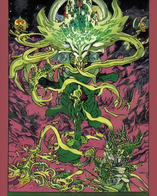 Image similar to the destroyer of worlds, the taker of lives, magical forest, art by Moebius and Yusei Uesugi