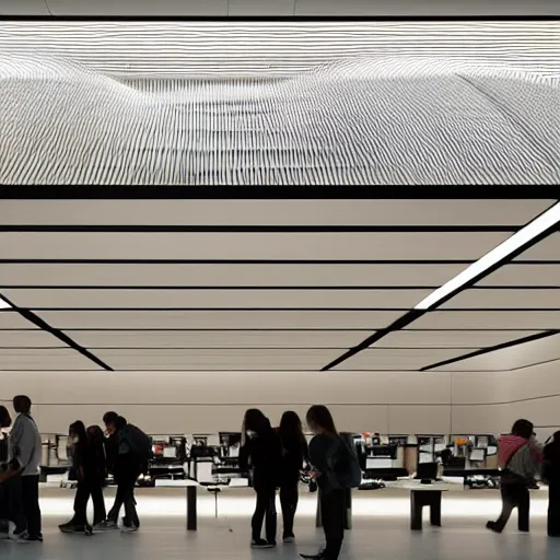 Image similar to marketing photo of an Apple store designed by Saha Hadid,