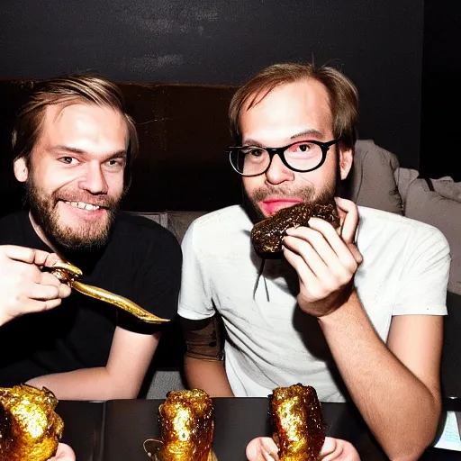 Image similar to pewdiepie and sergey mavrodi drinking and eating gold burgers together