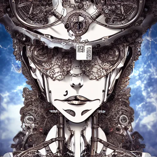 Image similar to surreal manga anime photo portrait of complex bio-mechanical beautiful young female skeletal cyborg with a Mandelbrot fractal steampunk metal fine lace face, retrofuturistic depressing, floral foliage super big lace collar, rococo, steampunk, 8k