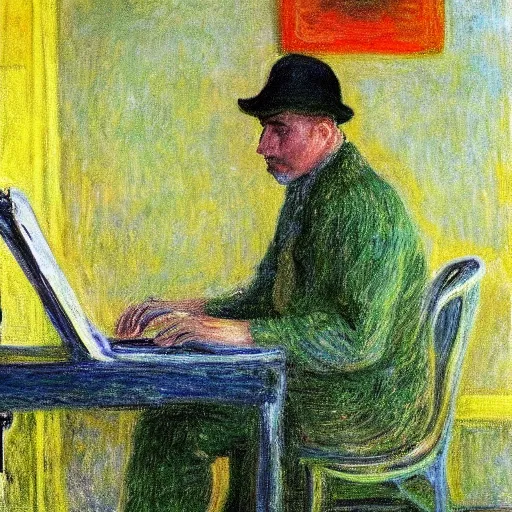 Image similar to monet painting of a man playing warzone on a computer, a soccer ball falls on his head, highly detailed, realistic,